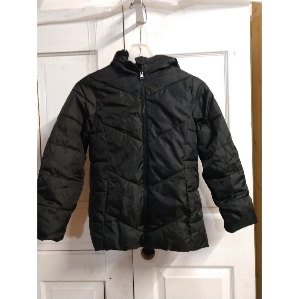 SwissTech Kids Black Puffer Jacket M (7-8) With Hood & Zipper Closure